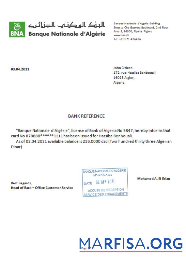 Printable Algeria Banque nationale reference real example